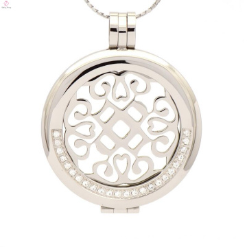 Mulheres pingente de medalhão de placa de cristal de prata, medalhão de moeda de aço inoxidável com disco
